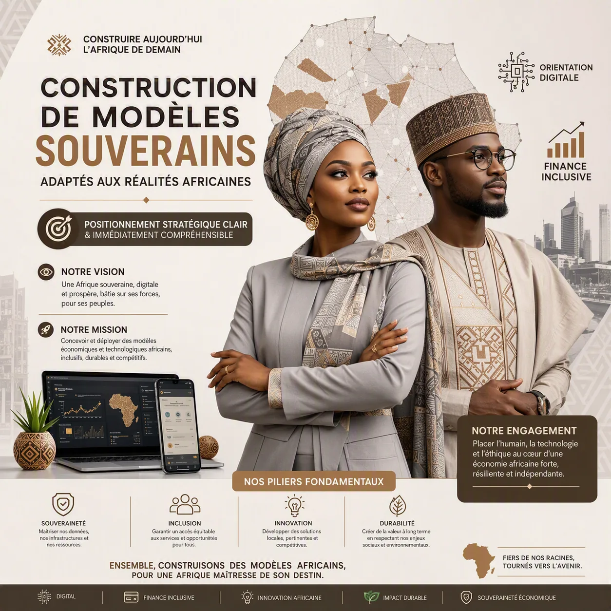 Construction de modèles souverains adaptés aux réalités africaines — positionnement stratégique clair & immédiatement compréhensible. Nos piliers fondamentaux : souveraineté, inclusion, innovation, durabilité. Ensemble, construisons des modèles africains, pour une Afrique maîtresse de son destin.