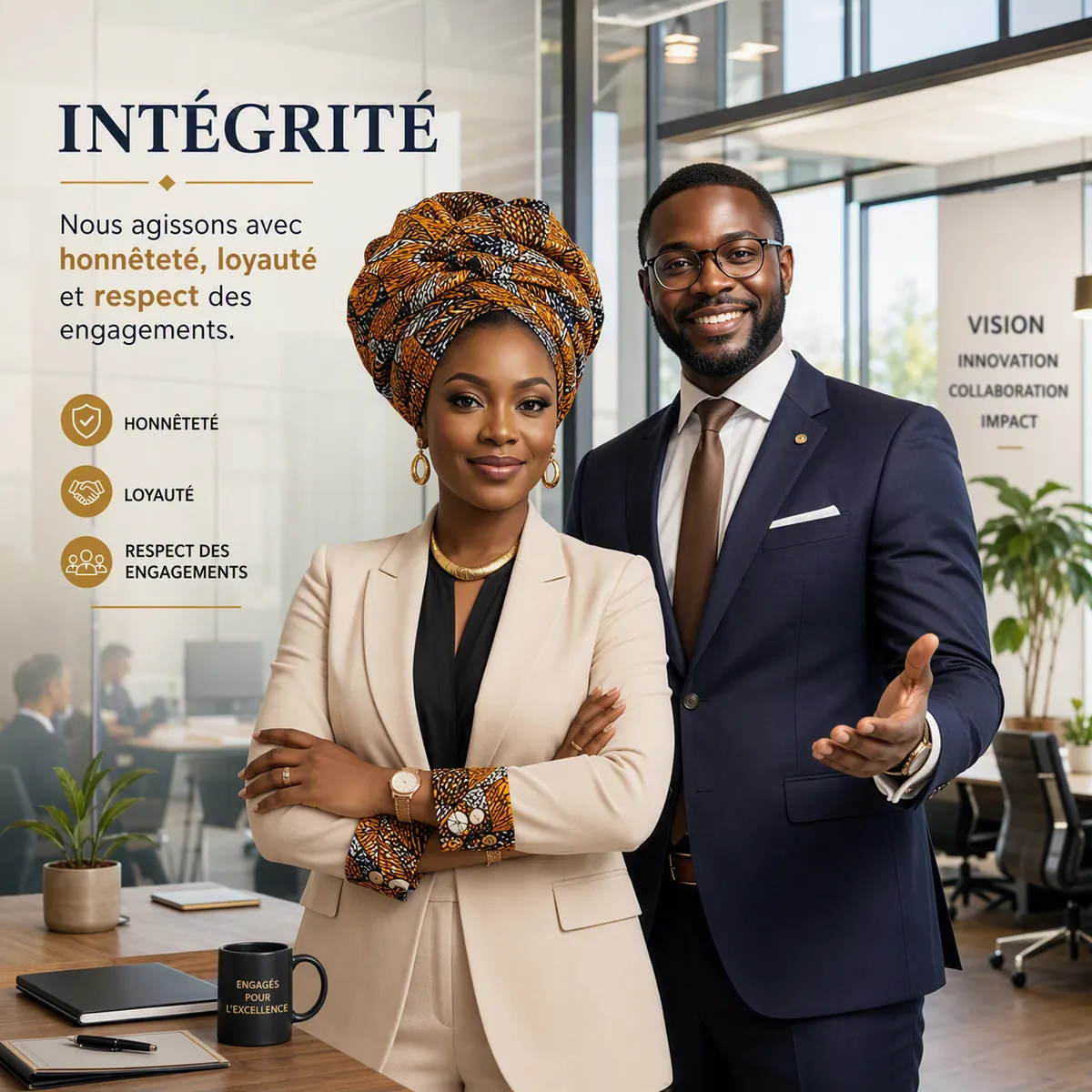 Intégrité — nous agissons avec honnêteté, loyauté et respect des engagements.