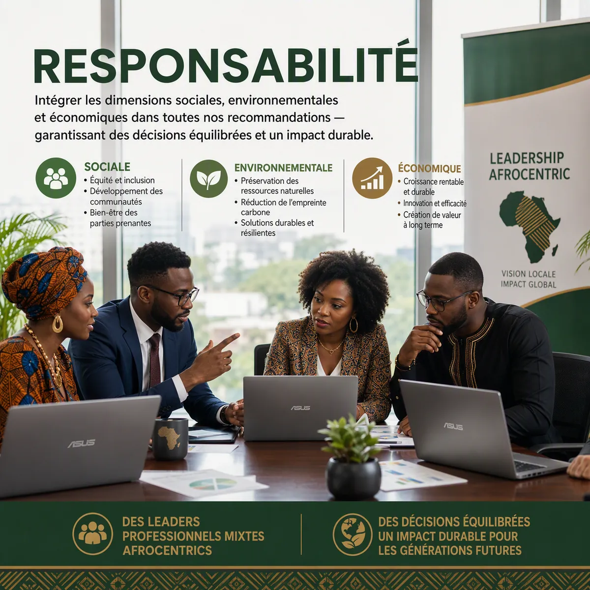 Responsabilité — nous intégrons les dimensions sociales, environnementales et économiques dans nos recommandations.